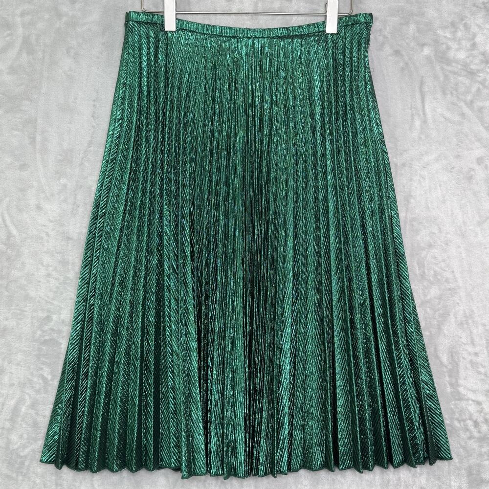 Worth New York Skirt Womens 6 Green Metallic Pleated Midi Made in USA Side Zip